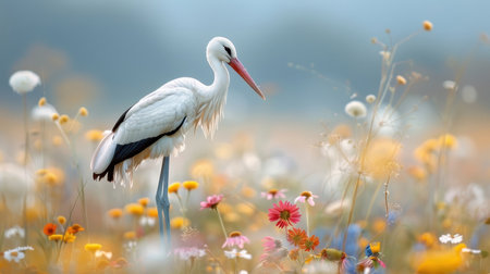 A stork rests on one leg in a field of wildflowers, white plumage against colorful blooms.の素材