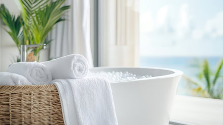 Luxurious spa bathroom with bathtub, towel basket, and plush spa towel.の素材
