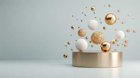 Playful arrangement of floating gold spheres and cubes with podium.の素材