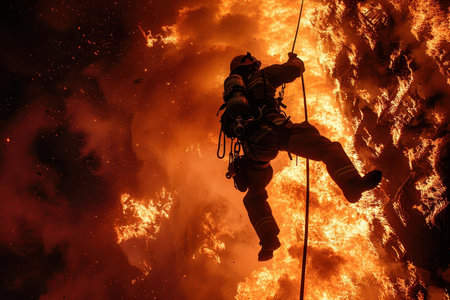Showcases the physical agility and bravery of firefighters as they navigate dangerous situations to save lives.の素材