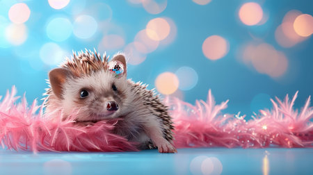 Close-up portrait of hedgehog with disco ball earring and neon boa.の素材