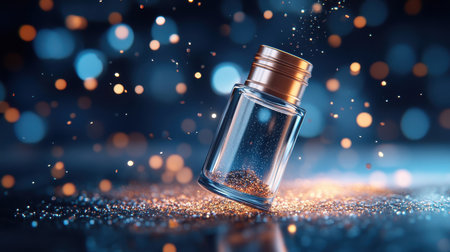 Nail polish bottle transformed into magical potion vial with glowing sequins.の素材