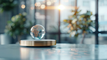A golden podium with a holographic projection of a globe showcasing a new product.の素材