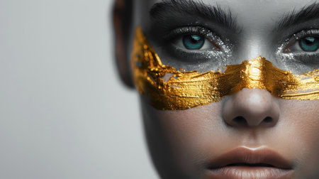 Black and white close-up portrait of a woman with a bold stroke of gold paint on her face.の素材