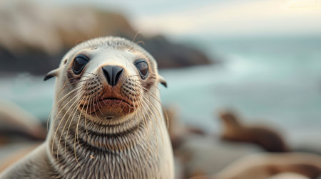 A close-up shot of a seal's face with curious eyes.の素材
