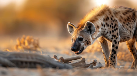 A hyena scavenging through a pile of bones.の素材