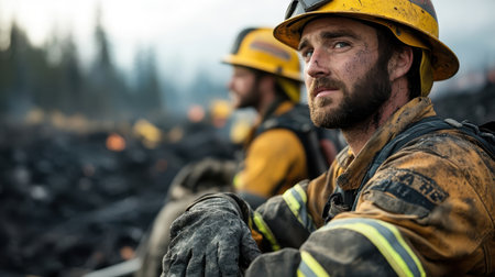 Exhausted firefighters resting amidst charred landscape.の素材