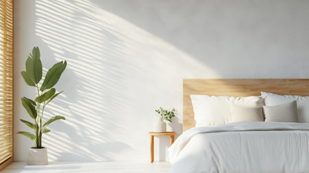 Cozy bedroom with textured wall and sunlight filtering through blinds.の素材