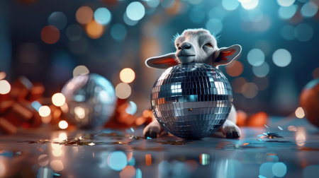 Close-up of curious goat with glitter gazing at disco ball.の素材