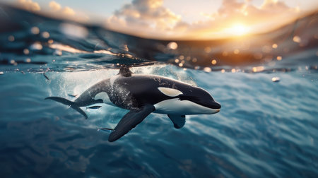 Killer whale chasing school of fish, underwater chase, bubbles, sand clouds, intensity, speed, dynamic action, dramatic scene.の素材