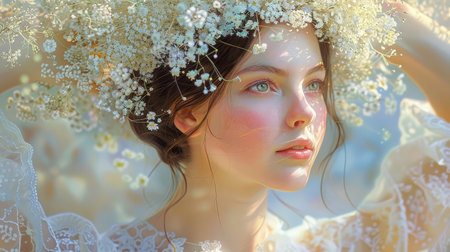A young woman adorned with a crown of flowers, symbolizing a special occasion or celebration.の素材