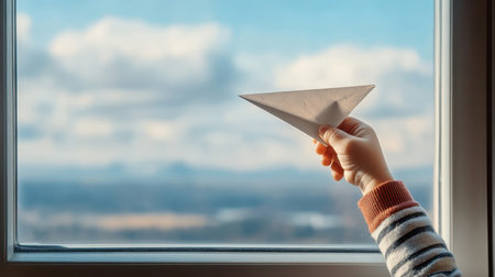 Child launching paper airplane from window, dotted line flight path.の素材