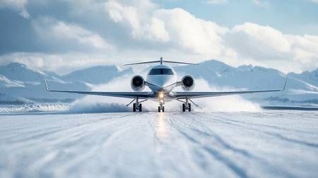 Private jet accelerating on snow-covered runway.の素材