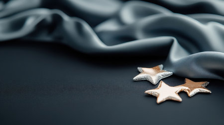 Silver stars illuminated by a single beam of light on black velvet.の素材