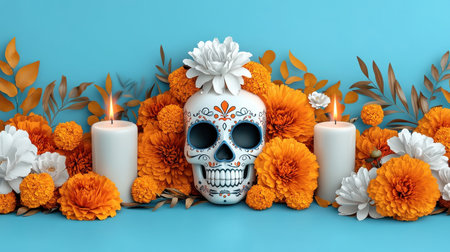 Colorful Day of the Dead-inspired border with sugar skulls and marigolds.の素材