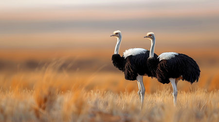 A pair of ostriches embrace on the savanna.の素材