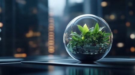Translucent globe with green energy hovering above futuristic cityscape.の素材