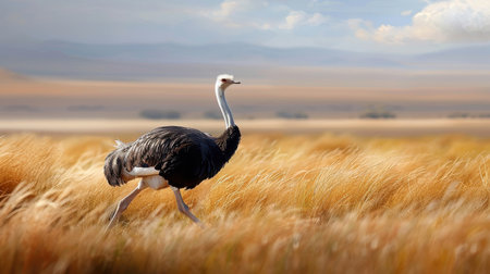 An ostrich runs across the savannah, silhouetted against the horizon.の素材