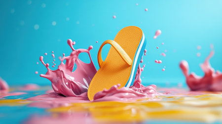 Surreal vision of flip-flops melting into colorful paint puddle.の素材