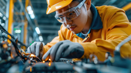 A Chinese engineer uses a robotic arm to place an EV car battery cell module into a vehicle.の素材