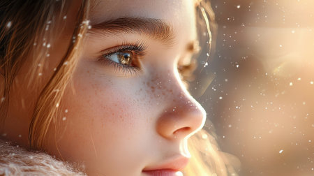 Close-up portrait of woman illuminated by sunset.の素材