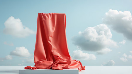 Red cloth floating platform with swirling clouds backdrop for product showcase.の素材