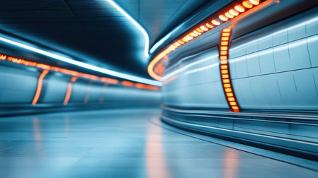 Futuristic pedestrian tunnel with metallic walls and neon lights.の素材