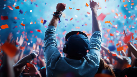 Colorful illustration of dancers on a bustling dance floor with confetti and streamers.の素材