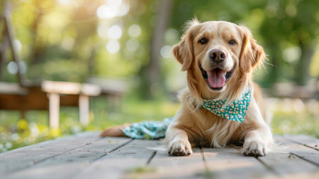 A Golden Retriever wearing bandanas waits for a treat at a picnic table.の素材