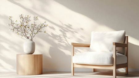 Cozy bedroom with textured wall, armchair, and vase with flowers.の素材
