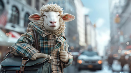 Photorealistic sheep in three-piece suit walking through city.の素材