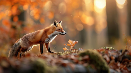 A red fox leaps over a log in an autumn forest.の素材
