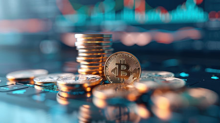 Abstract Bitcoin representation with gold coins and blockchain technology.の素材