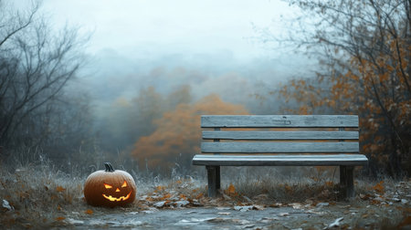 Vintage illustration of haunted forest with sinister jack-o'-lantern.の素材