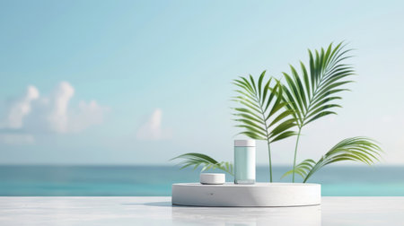 Summer podium set on a beach scene, 3D display for cosmetics with a backdrop of sea and sky, great for sales.の素材