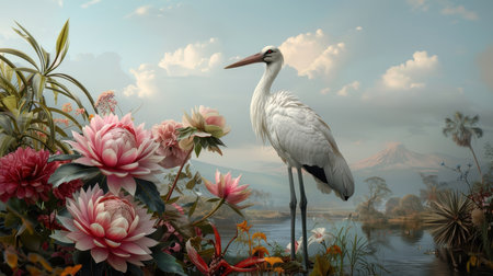 At a bustling riverbank, a stork moves among other wildlife.の素材