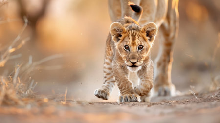A playful lion cub pounces on its mother's tail.の素材