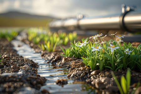 Geothermal heating system with pipes buried underground.の素材