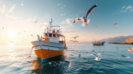 A flock of seagulls dive and glide over a fishing boat, the water sparkling in the sunlight.の素材