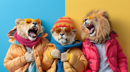 A pride of lions in mismatched outfits roaring with laughter, perfect for party invitations or advertisements.の素材