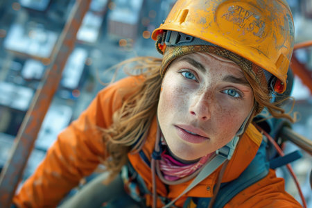 Empowers women in engineering by showcasing a female engineer confidently overseeing a construction site.の素材