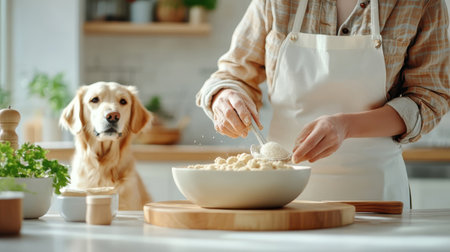 Hands gently mixing ingredients in a bowl, with a happy pet waiting.の素材