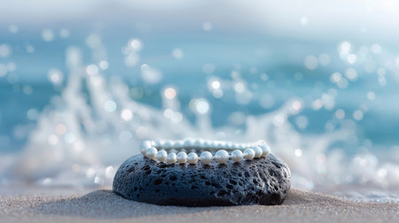 A black volcanic rock podium displays a pearl necklace against crashing waves.の素材