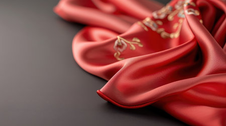 Photorealistic image of red silk fabric with gold embroidery and auspicious symbols.の素材