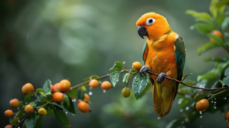 High in the canopy, a Sun Conure sings loudly, its calls echoing through the dense forest.の素材