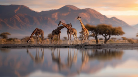 A herd of giraffes drinking from a watering hole.の素材
