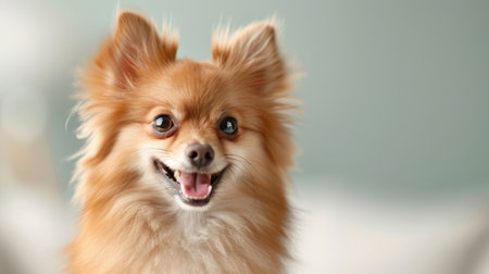 A close-up photorealistic image of a Pomeranian's face.の素材