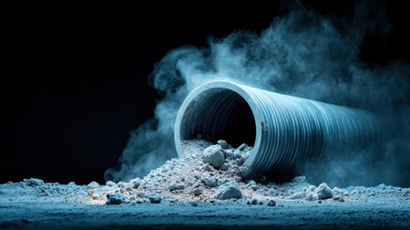 Dark and dusty ventilation duct filled with cobwebs and debris.の素材