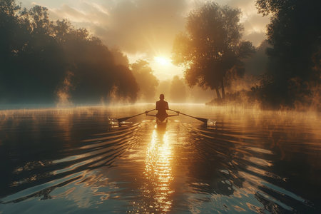A lone rower finds serenity on a misty lake at dawn.の素材