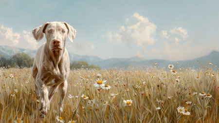 Weimaraner gracefully trotting through a lush green meadow during springtime, with wildflowers blooming and a clear blue sky.の素材